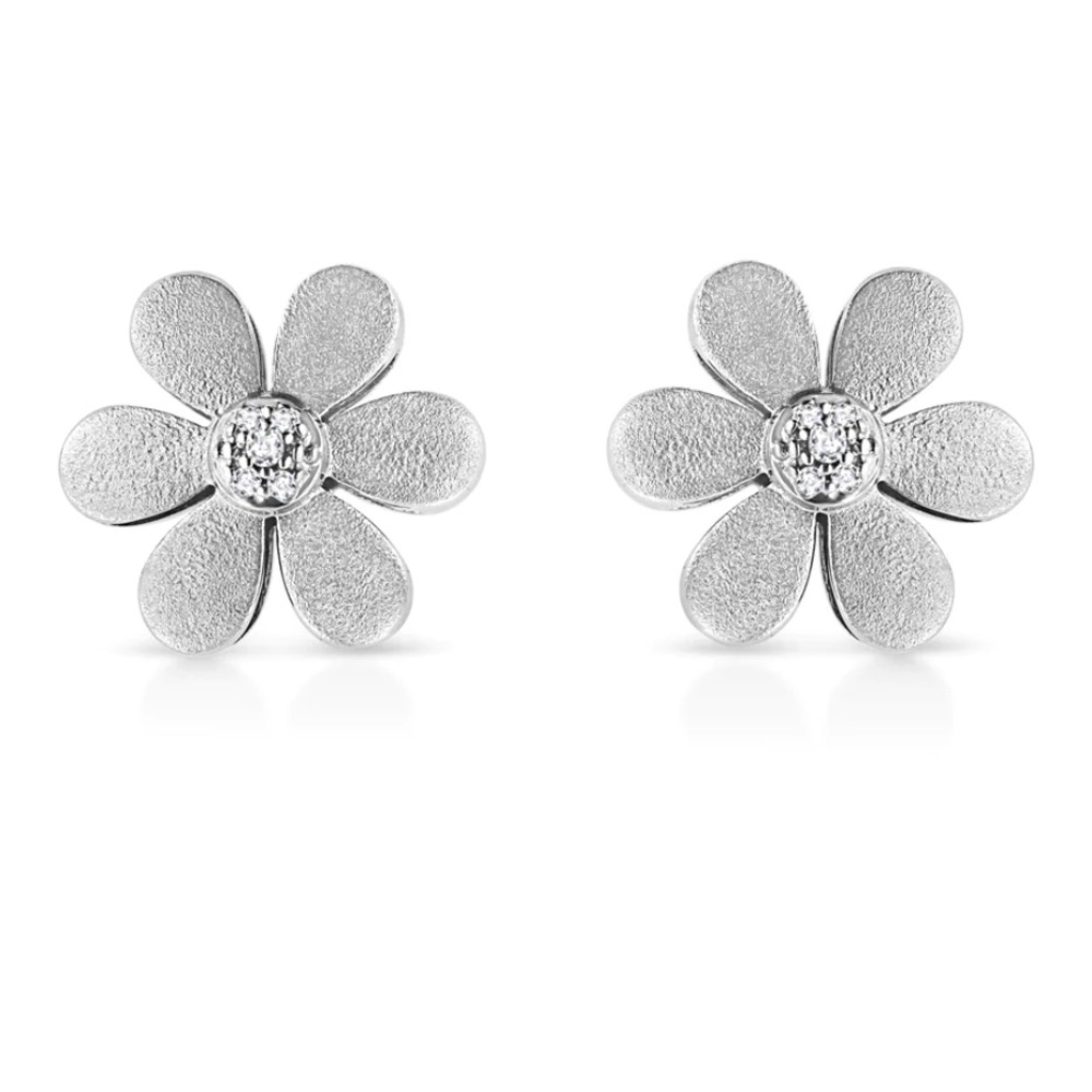 Haus of Brilliance Matte Silver Diamond Accent Flower Hoop Stud Earrings